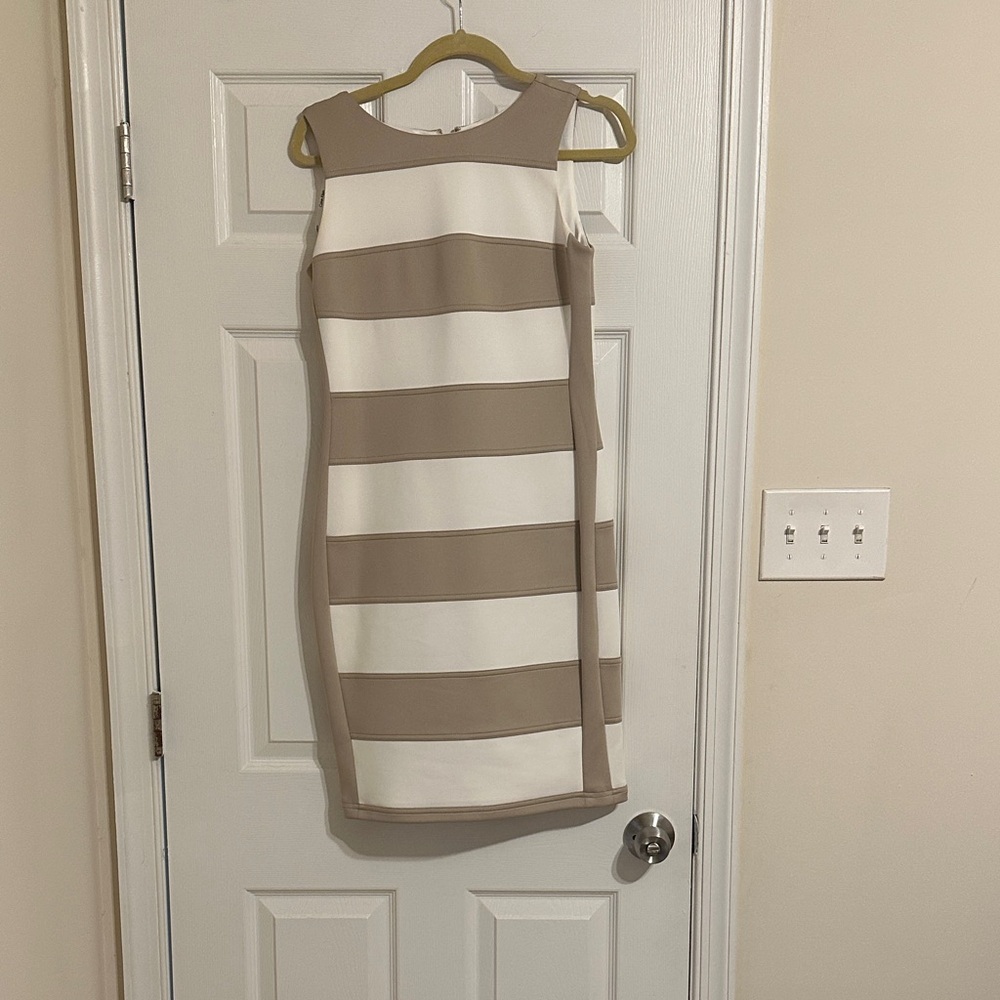 Calvin Klein Tan and White Striped Midi Dress